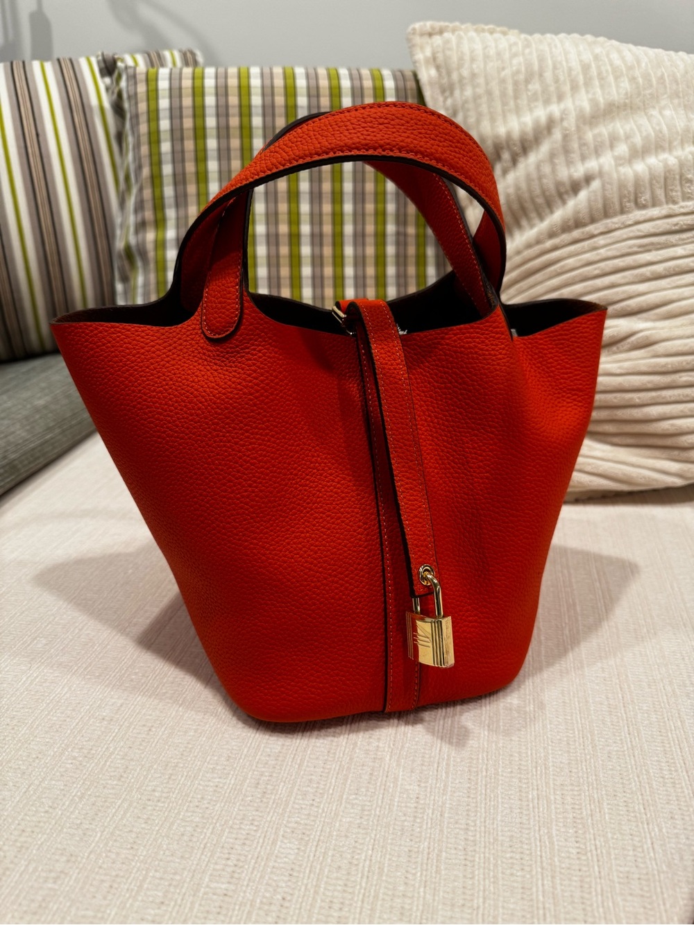 Orange Pebbled Leather Bucket Handbag with Lock & Key